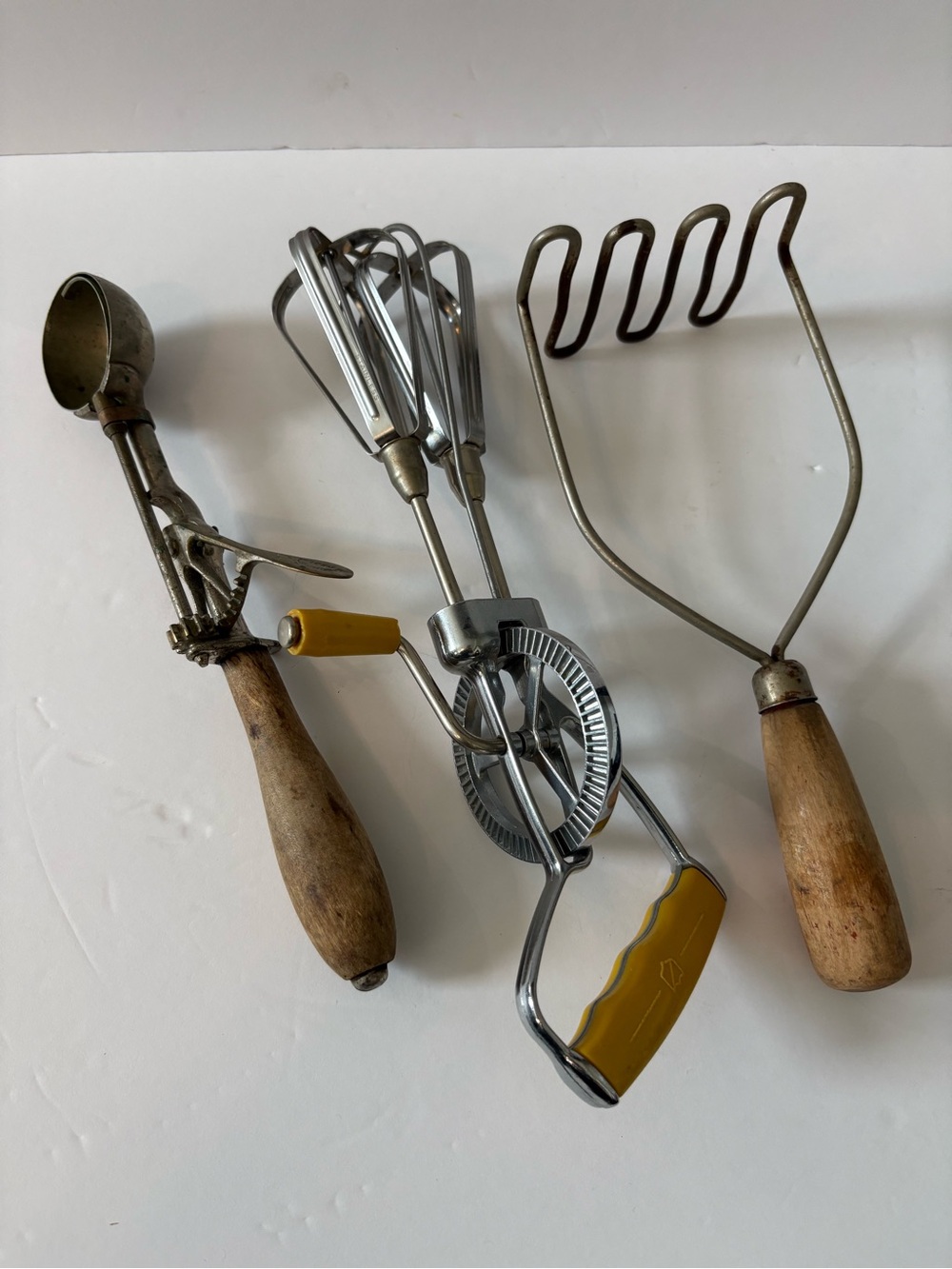 Vintage Hand Mixer, Potato Masher & Scoop Set - Yellow Accents